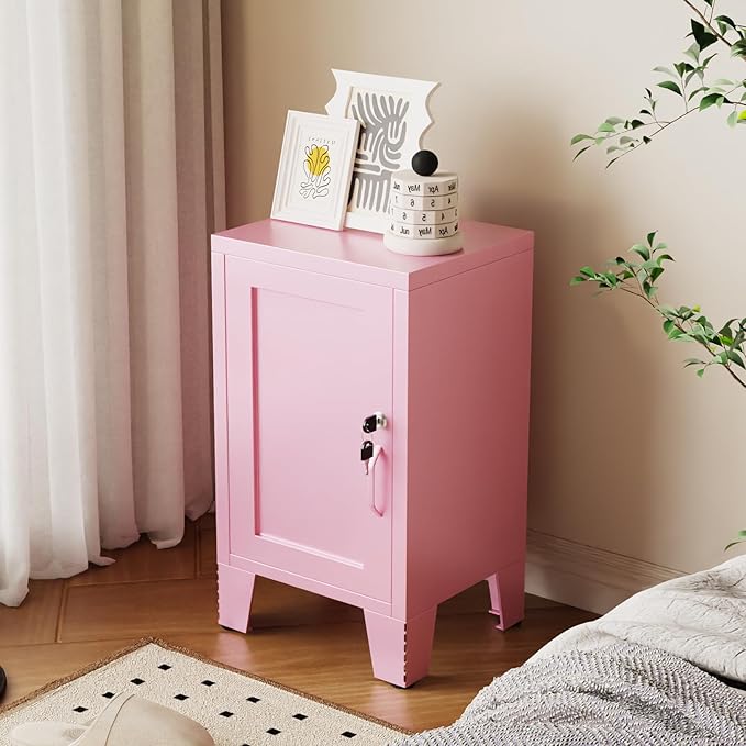 ALBAD Metal Nightstand with Lockable Cabinet, Compact Mini Locker Bedside Table
