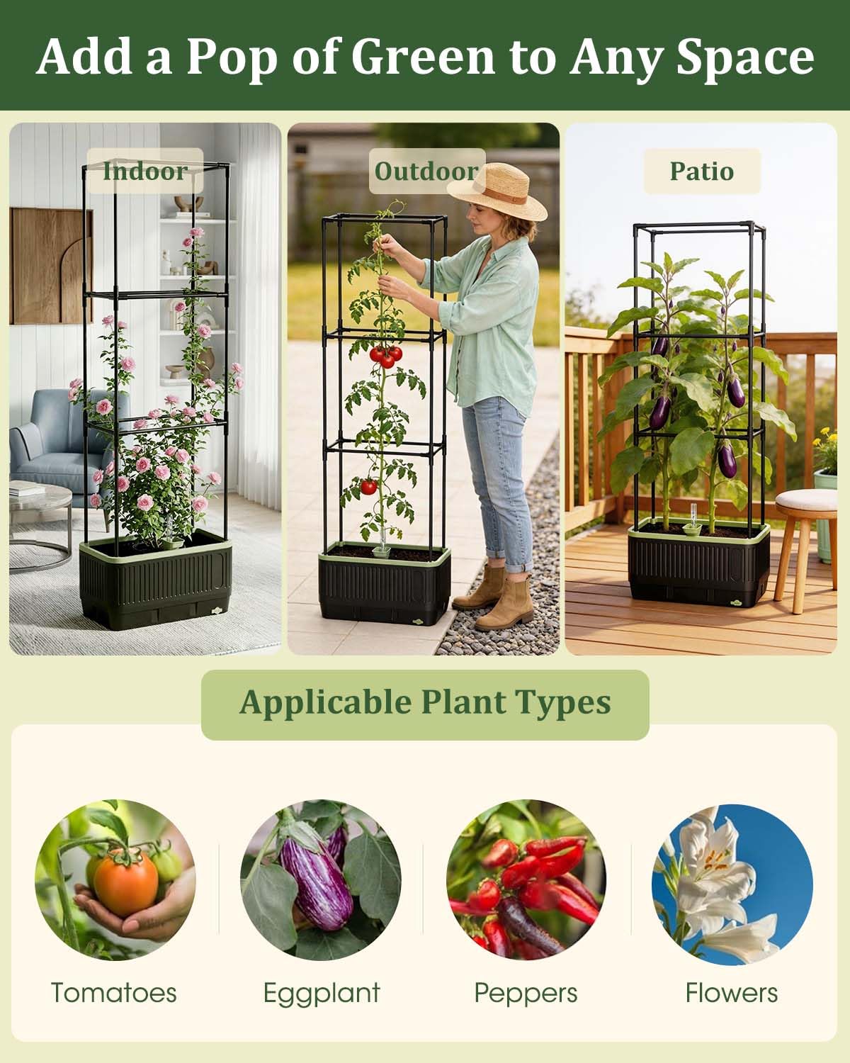 MQJIAZHI Self Watering Tomato Planter with Trellis, Rectangular Tomato Cages Trellis for Raised Garden Bed, Tomato Planters Box for Garden Pots Patio Indoor Outdoor (Rectangular, 1PC)