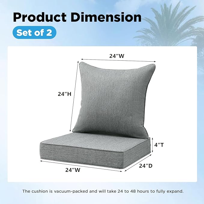 Outdoor Deep Seat & Back Cushion Set, 24 x 24 Inch Water Repellent and Fade