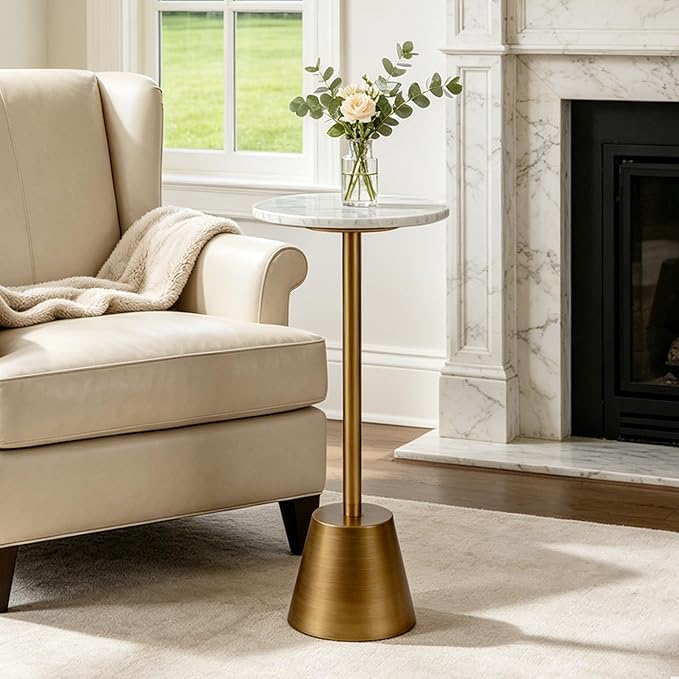 White Marble Pedestal Side Table, Round Accent End Table