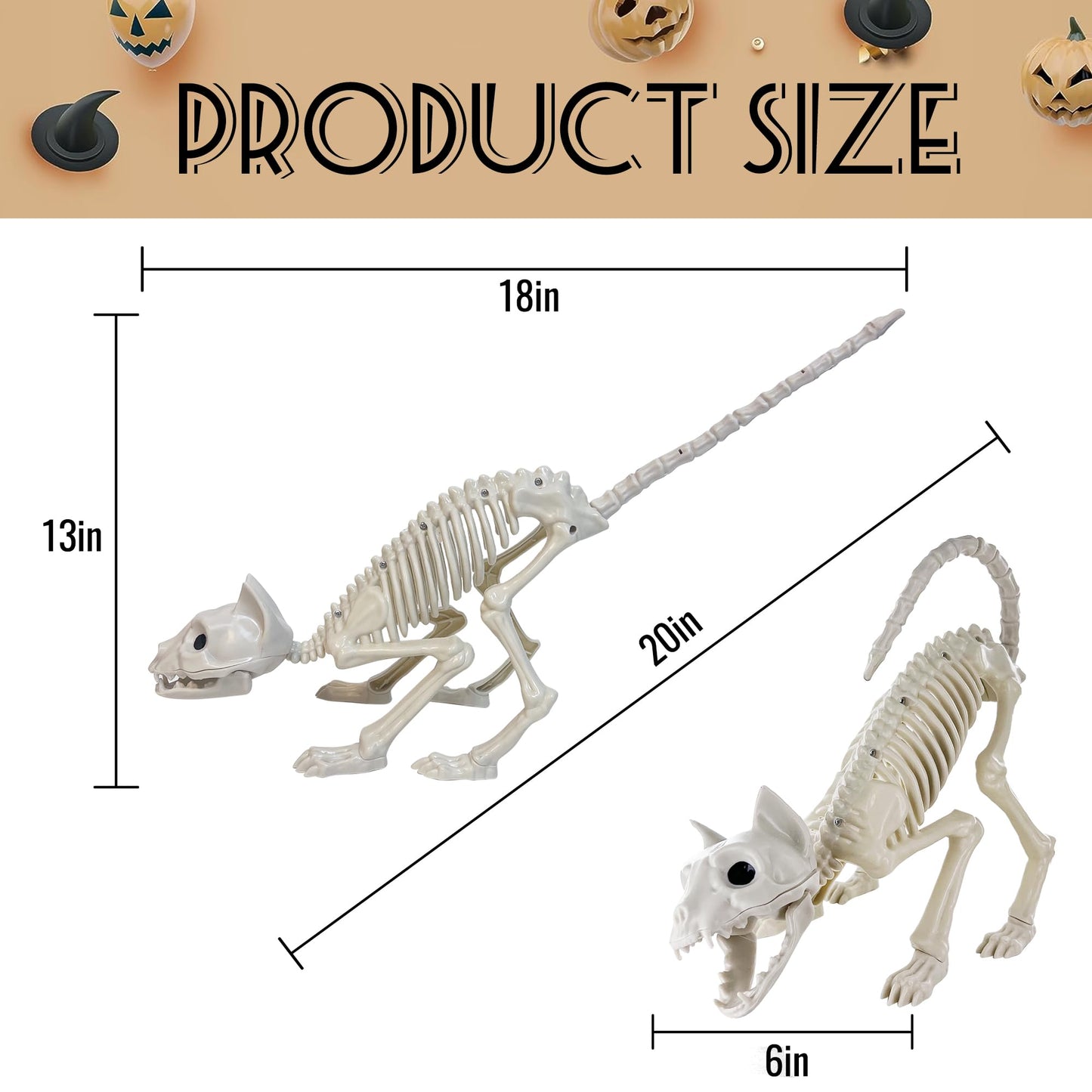 GIFTEXPRESS 2 Pack Real Size Cat Skeleton - 20" Long Creepy Kitten Skeletons with Posable Tail Halloween Decor - Indoor & Outdoor Haunted House Scary Animal Party Decoration