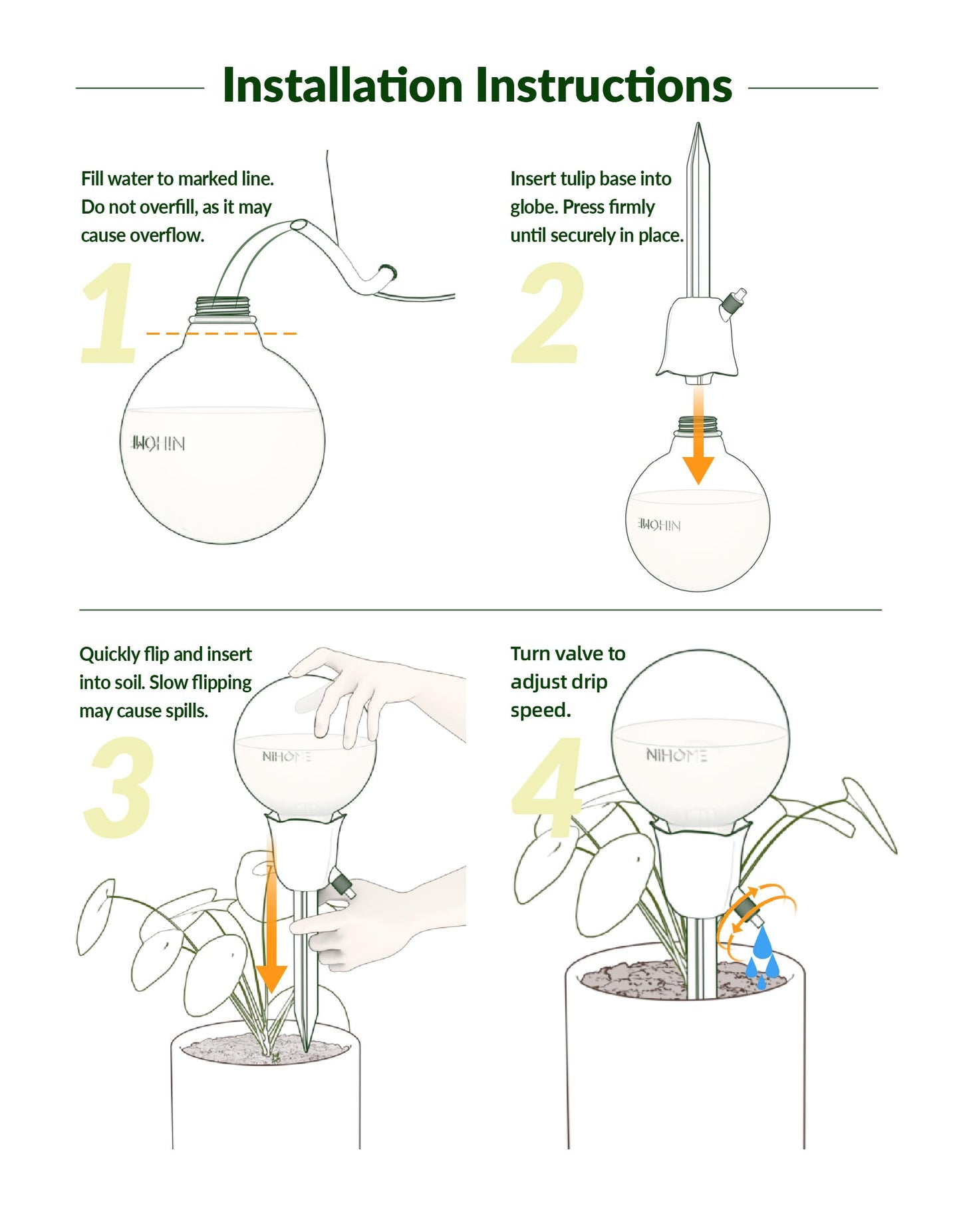NiHome 2PCS Self-Watering Globes for Indoor & Outdoor Plants, Adjustable Flow Automatic Drip Irrigation Bulbs w/Tulip Stakes for Potted Plants, Succulents, Hanging Baskets, Gardens (Pink + Green)