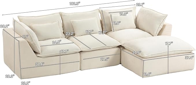 Boneless Couch Sectional Cloud Couch 102.3'' Oversized Modular Sectional Sofa