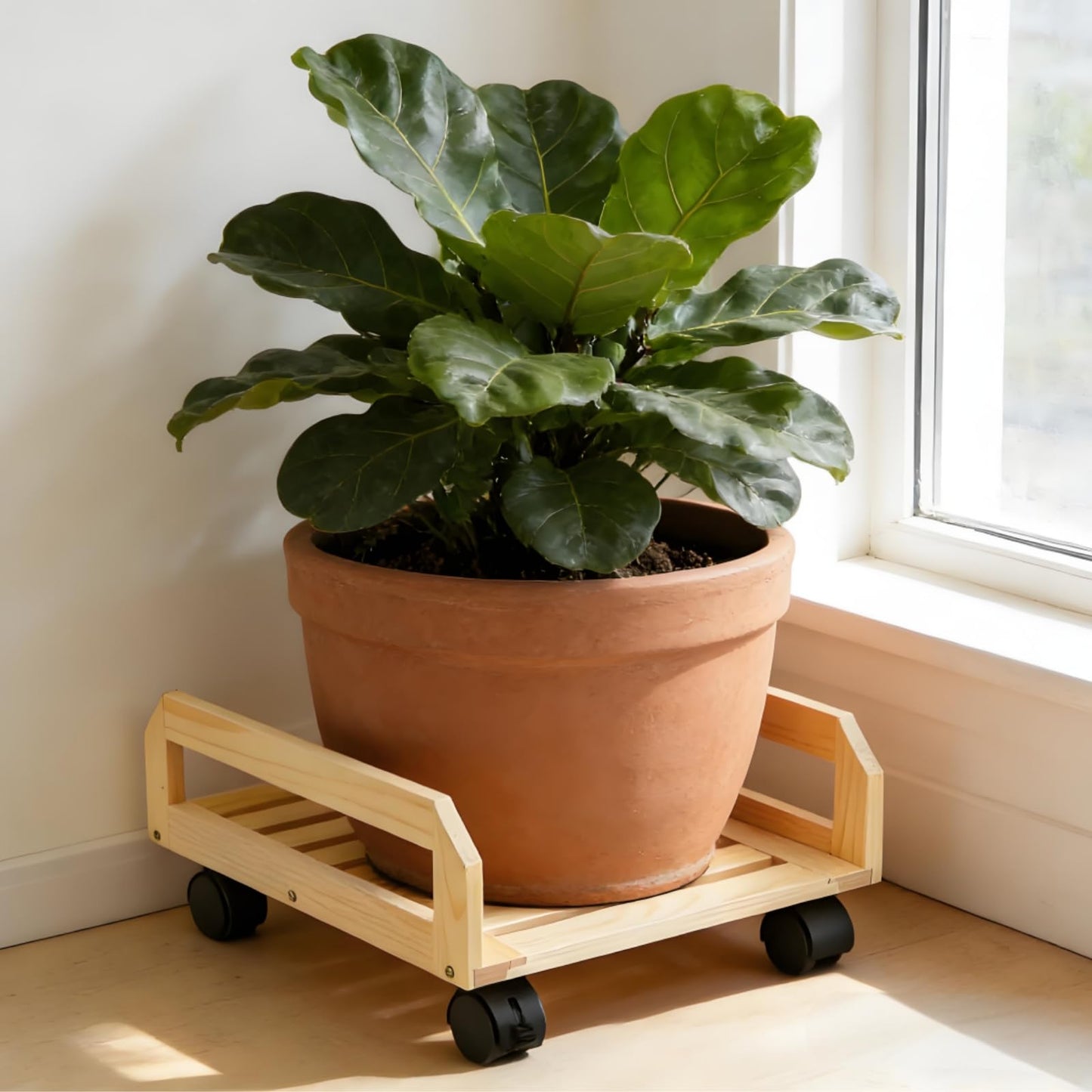 Nagpew Wood Plant Caddy, Heavy Duty Plant Stand with Lockable Wheels, Rectangular Pot Dolly Flower Mover for Indoor Outdoor, Holds up to 150 Lbs
