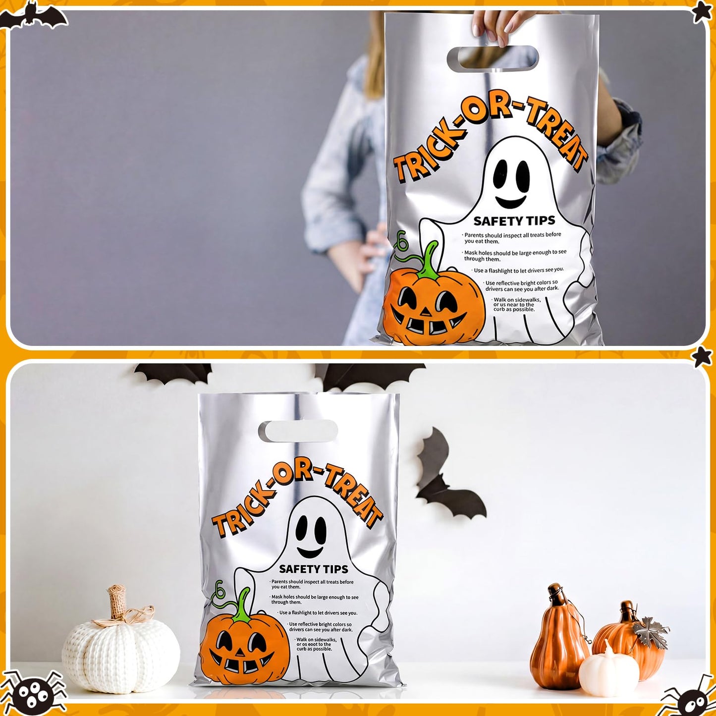 Hosuly 100 Pcs Trick or Treat Reflective Goodie Bags Bulk Halloween Plastic Gift Bags Safety Tips with Handles for Halloween Trick or Treat Themed Party Favors