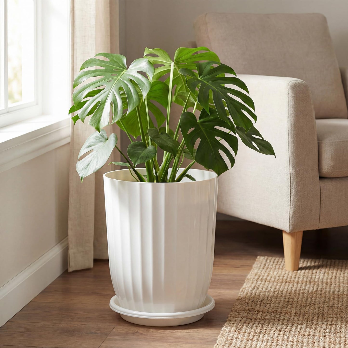 Briwooody 2 Pcs Tall Planter 15" Large Round Plastic Plant Pots with Drainage Hole and Tray White Modern Planter for Indoor Outdoor Plants Home Office Kitchen Bedroom Living Room Porch Patio Decor