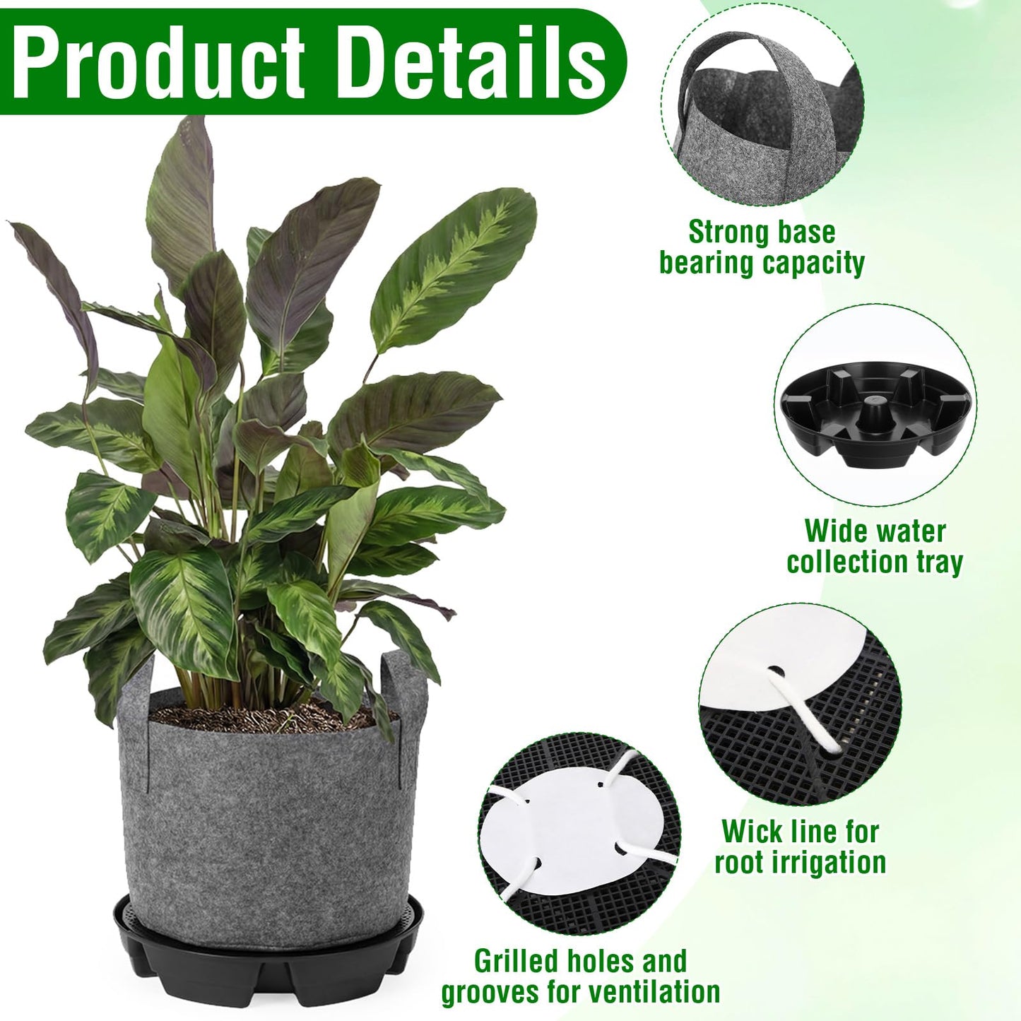 Jingmore 6 Set Self Watering Fabric Pot Base 3 Gallon Plant Nonwoven Grow Bags Automatic Watering System Plant Saucer Elevated Flower Trays with Handles for Fruits Vegetables Flowers Grow(Grey)