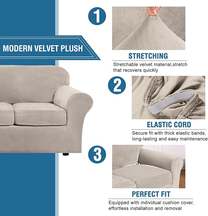 H.VERSAILTEX Real Velvet Plush 3 Piece Stretch Sofa Covers Couch Covers