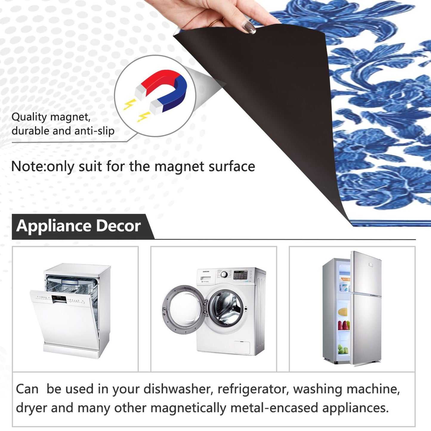 Blue White Porcelain Dishwasher Stickers Magnetic Cover Floral Leaves Kitchen Fridge Magnet Covers Decals Home Decorations Vinyl Sticker Reusable 23W x 26H inches