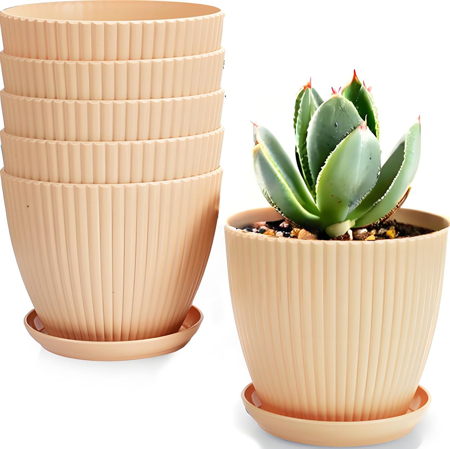 MUXINCAMP 7 Inch Large Plant Pots, 6 Pack Flower Pots with Drainage Hole and Tray Saucer Plastic Plant Pot for Outdoor Indoor House Plants and Flowers Herbs (Khaki)