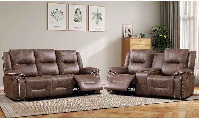 EBELLO Manual Recliner Sofa Set, Faux Leather Reclining Loveseat and 3 Seater