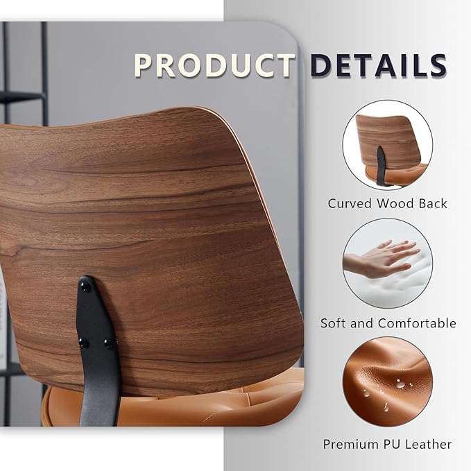 Armless Home Office Chair with Wheels, PU Leather Adjustable Height Computer