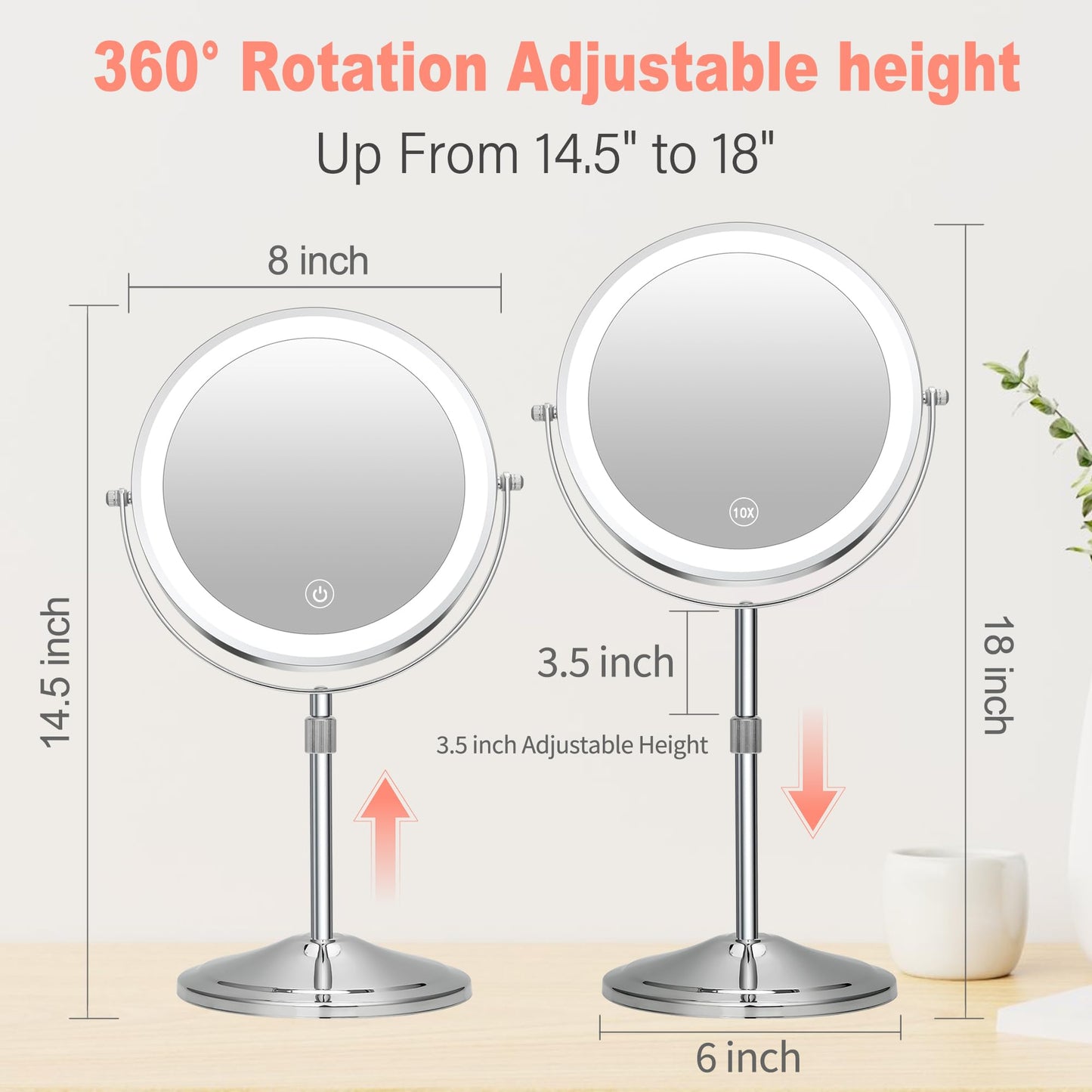 Lighted Makeup Mirror with Magnification, 10X 8’’Rechargeable Double Sided Vanity Mirror with Lights Magnifying Makeup Mirror with 3 Color Light with 360° Rotation, Detachable Base
