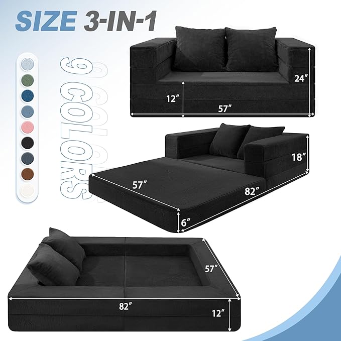 Futon Sofa Bed with Pillow, 3-in-1 Sleeper Sofa Bed with Removable Cover