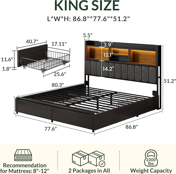 LARMACE King Bed Frame with 6 Storage Drawers, Bed Frame King Size with Linen