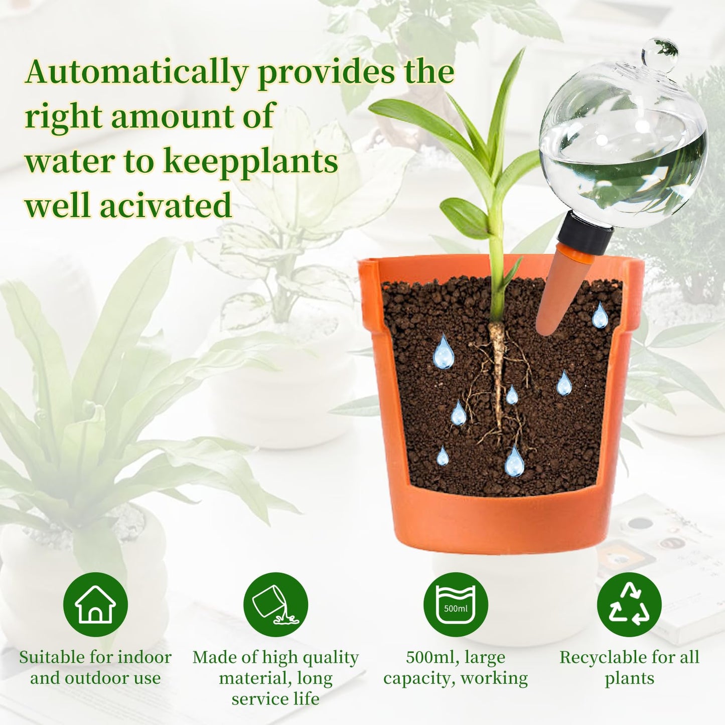 4pcs Plant Self Watering Globes with Covers, Plastic Water Bulbs Top Fill, Plant Watering Devices System Slow Release Terracotta, Water Spikes Stakes for Indoor (4)