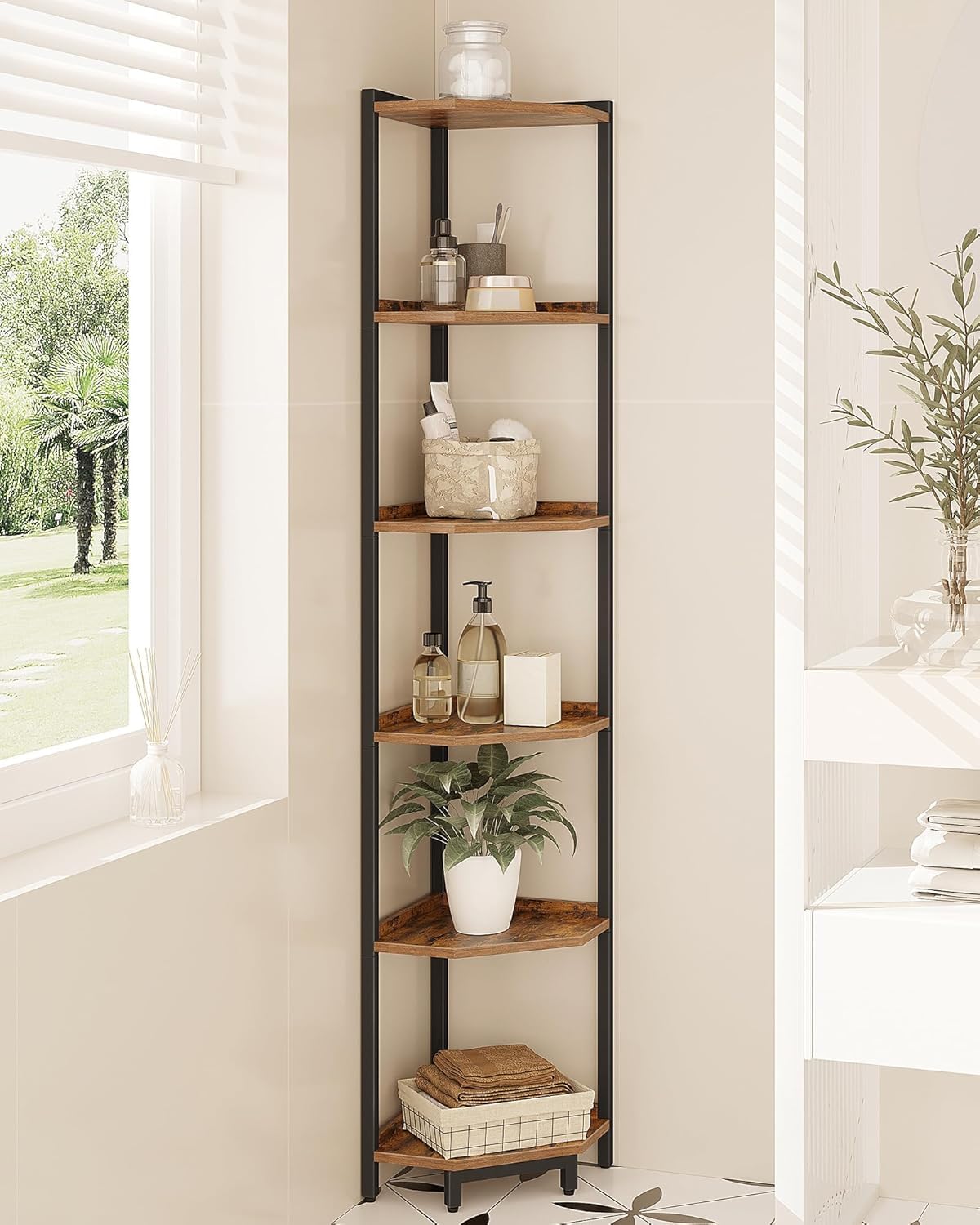 Hzuaneri Corner Shelf Stand, Corner Bookshelf, Storage Standing Shelf Unit with Metal Frame, Plant Stand, Bookcase for Living Room, Home Office, Bedroom, 6-Tier Rustic Brown CS06001B