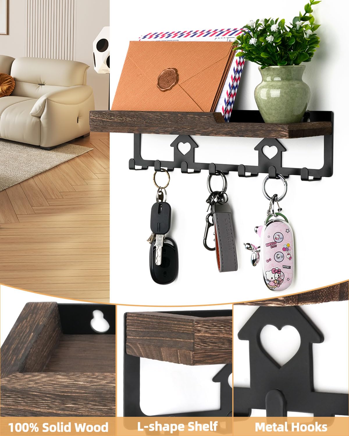 lucdnc Key Holder for Wall with Tray,Decorative 7 Metal Hooks and Paulownia Wood Shelf,Entryway Organizer for Mail,Keys,Sunglasses -Wall Mounted Key Hooks for Office Home Decor Key Rack