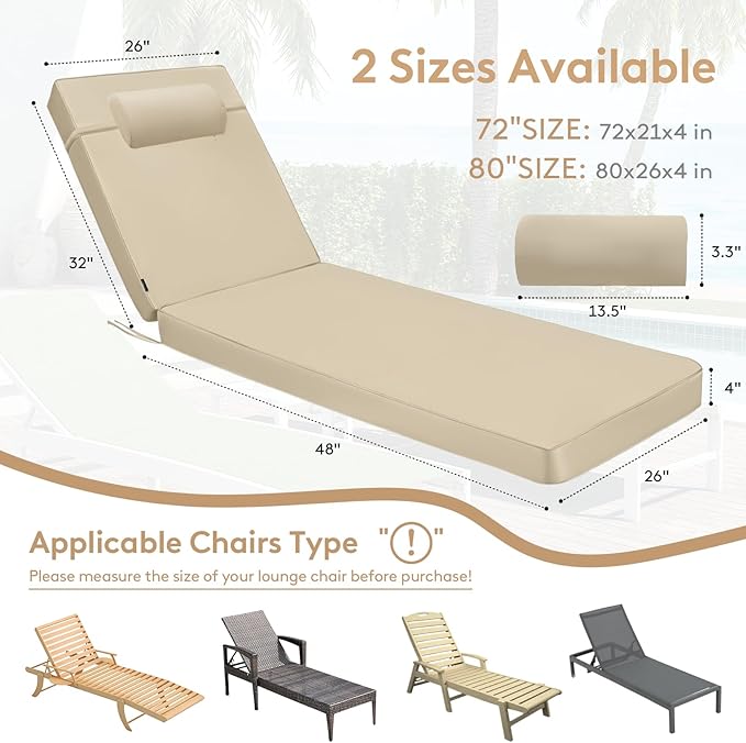 Chaise Lounge Cushion for Outdoor Furniture, Waterproof, Fade-Resistant and