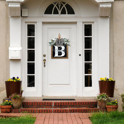 Ultra Large 14'' Last Name All Year Round Front Door Wreath with 26 Initial Letter Welcome Sign All Seasons Eucalyptus Garland and Bow Wreaths for Front Door Porch Farmhouse Decoration (B)