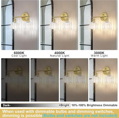 Vintage Bathroom Light Fixtures,2-Light Hardwired Vanity Lights Over Mirror,Gold Wall Sconces with Clear Tulip Glass Shade for Bathroom Living Room,E26 Socket(Bulbs Not Included)