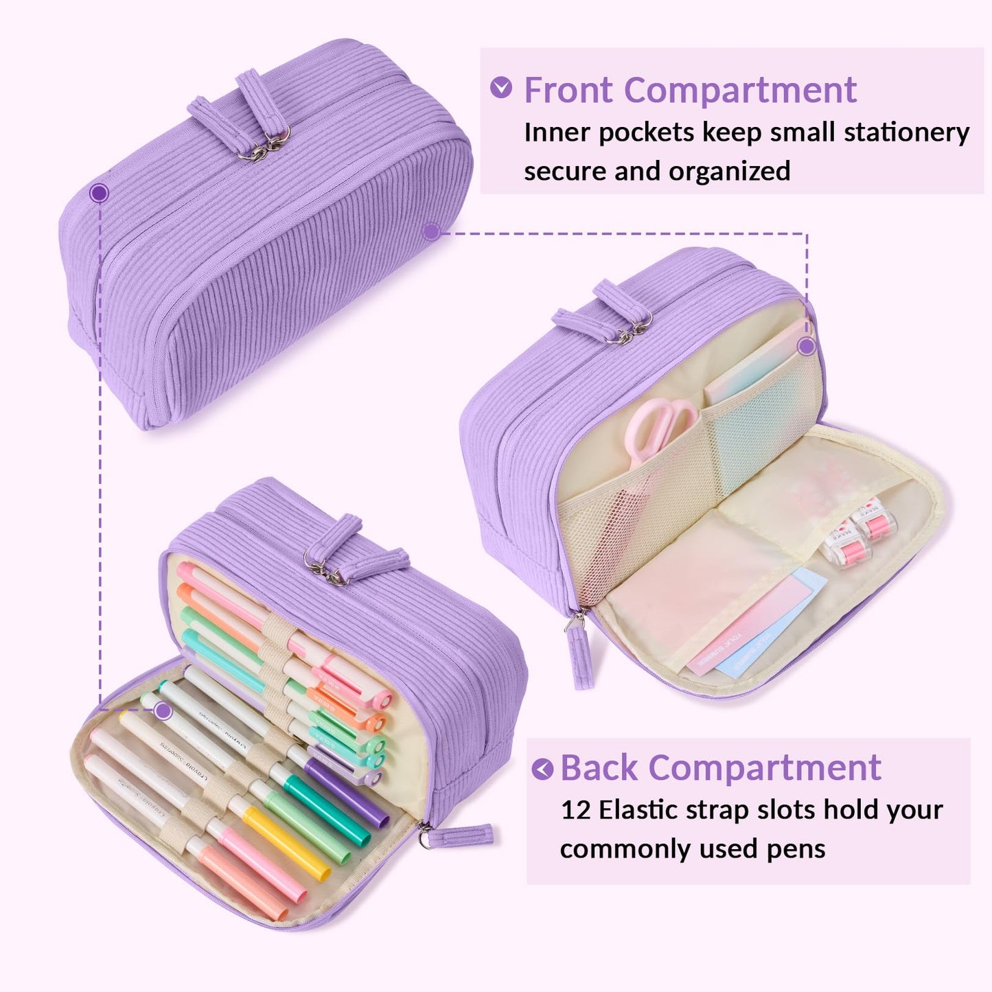 Sooez Big Capacity Pencil Case Pen Pouch, Soft Corduroy Pencil Bag with 3 Compartment, Multiple Pockets, Sturdy Zipper, Cute School Supplies Pen Bag Organizer For Teen Girls College, Purple