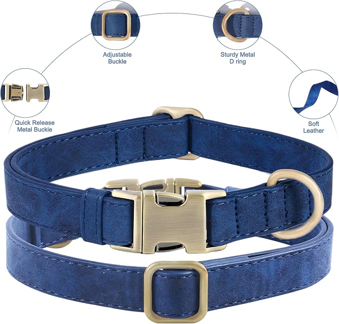 Genuine Leather Dog Collar - Adjustable Pet Collar with Quick Release Metal Buckle, Soft Skin Friendly Real Leather Collar for Small, Medium, Large Dogs (Blue Collar + Rope, L：Fit 15-23" Neck)