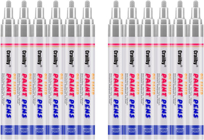 Silver Paint Markers, 12 Pack Oil-Based Waterproof Quick Dry Permanent Paint Pen Set for Rocks Painting, Wood, Fabric, Plastic, Canvas, Glass, Mugs, Metal, Tire, Stone, DIY Craft