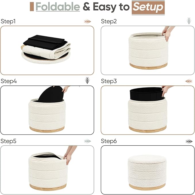 Round Storage Ottoman with Tray Lid, Folding Chenille Fabric Footrest with