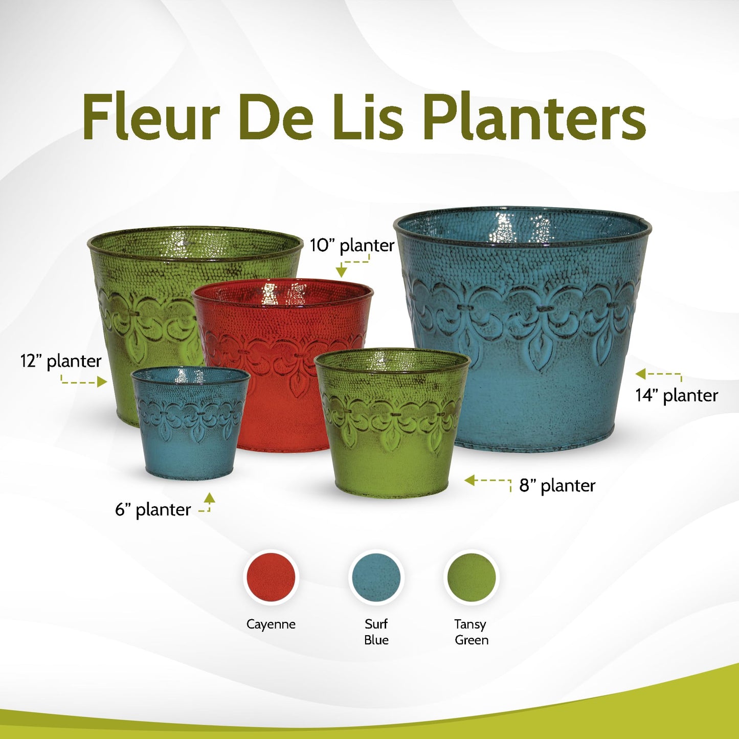 Robert Allen MPT01640 Fluer De Lis Series Metal Flower Pot, 8", Tansy Green 8 inch planter, 10"