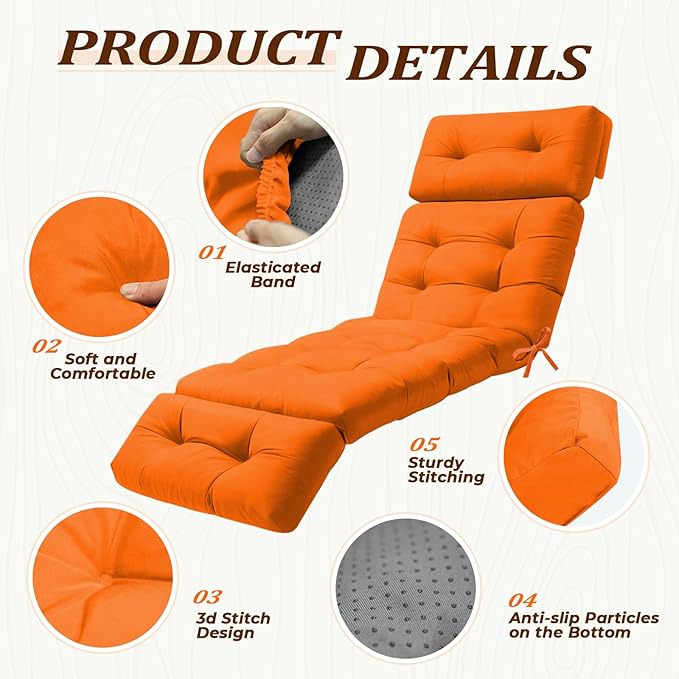 Outdoor Chaise Lounge Cushion, Waterproof 74.4x22x4.7 Inch Thick Cotton Filled