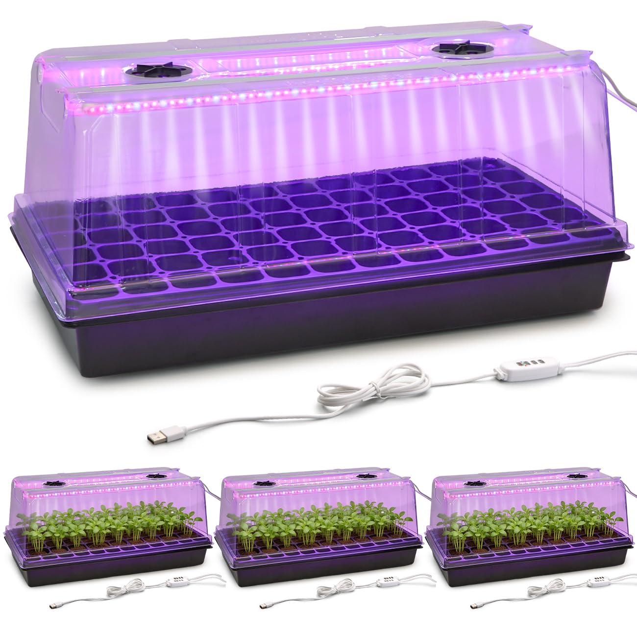 1020 Trays with Grow Light and 6.3" Humidity Dome - 4 Pack Heavy Duty Seed Trays with 72 Cell Plug Trays, Germination Kit with Timer and Dimmable LED - Reusable Plant Propagation Box for Gardening