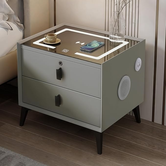 Smart Nightstand with Charging Station, Adjustable LED, USB Ports, Fingerprint