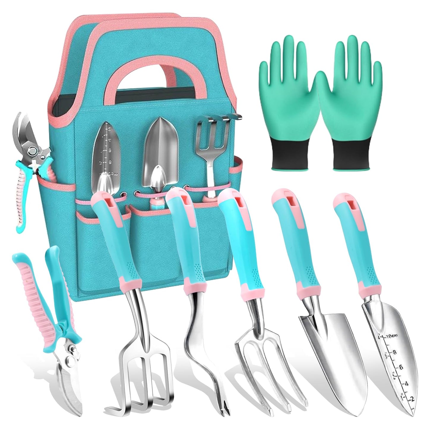 MelonArt Garden Tool Set,8 Pcs Gardening Hand Tool Starter Kit for Women Heavy Duty Outdoor Tool Kit Aluminum Alloy with Non Slip Ergonomic Handle, Ideal Gifts for Women and Men, Green&Pink