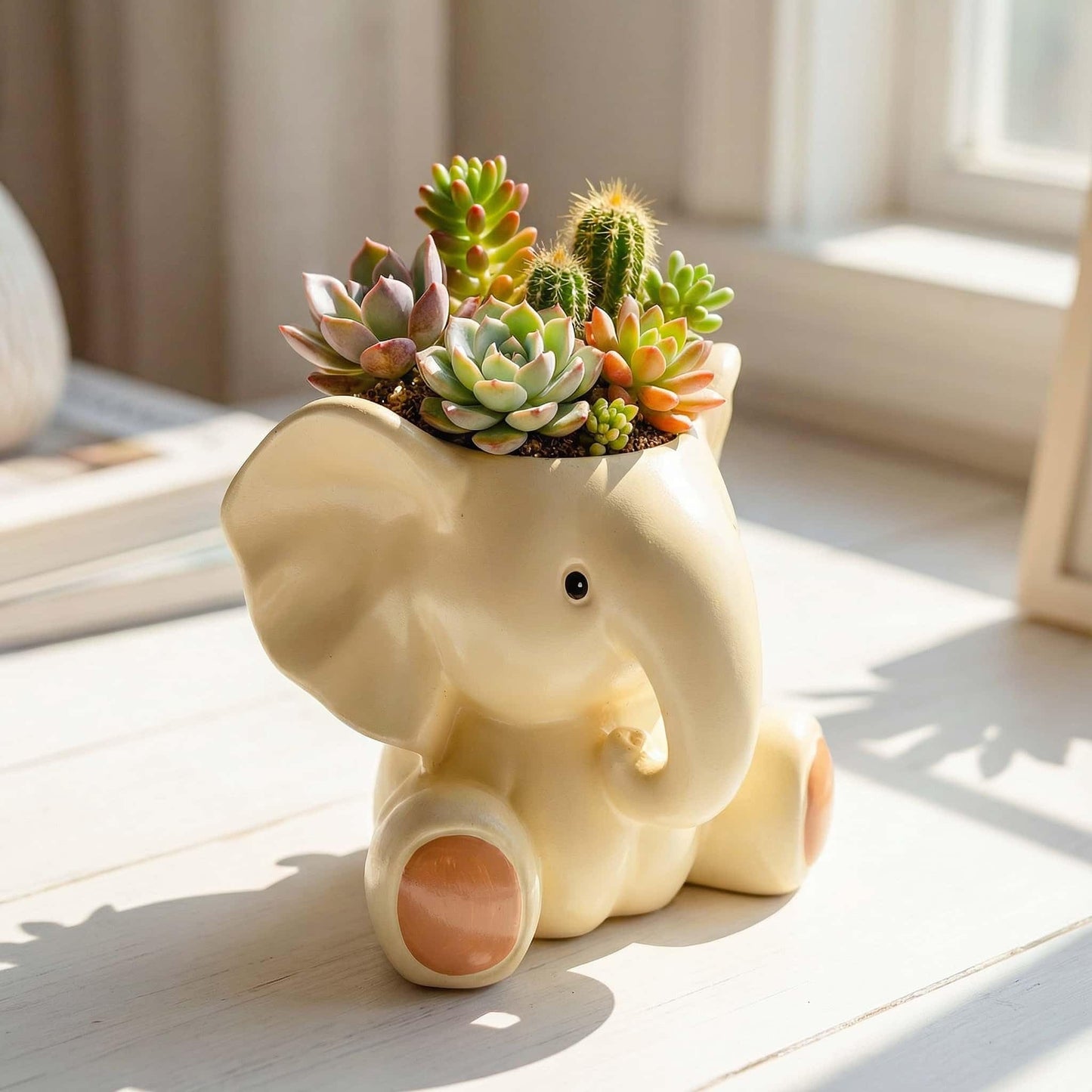 Euiroet Small Plant Container | Unique Resin Flower Pot Sculpture | Succulent Flower Pot | White Elephant Gifts for Women | Perfect Plant & Elephant Gifts | Indoor & Outdoor Use (White)