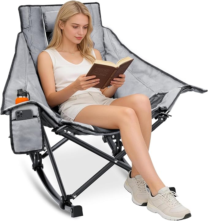 Suteck Oversized Rocking Camping Chair, Thick Padded Folding Rocking Chair