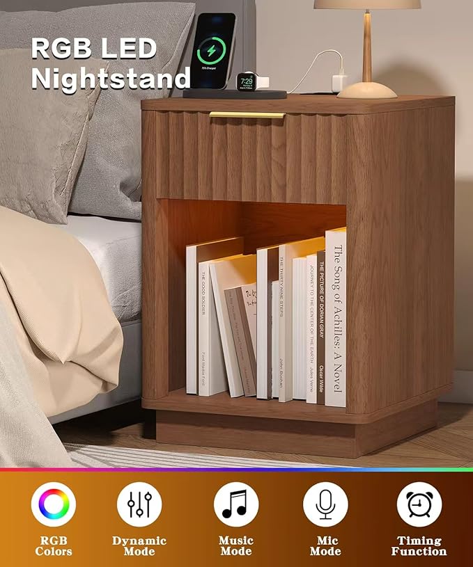 Akxomel Fluted Nightstands Set of 2, Wooden Night Stand