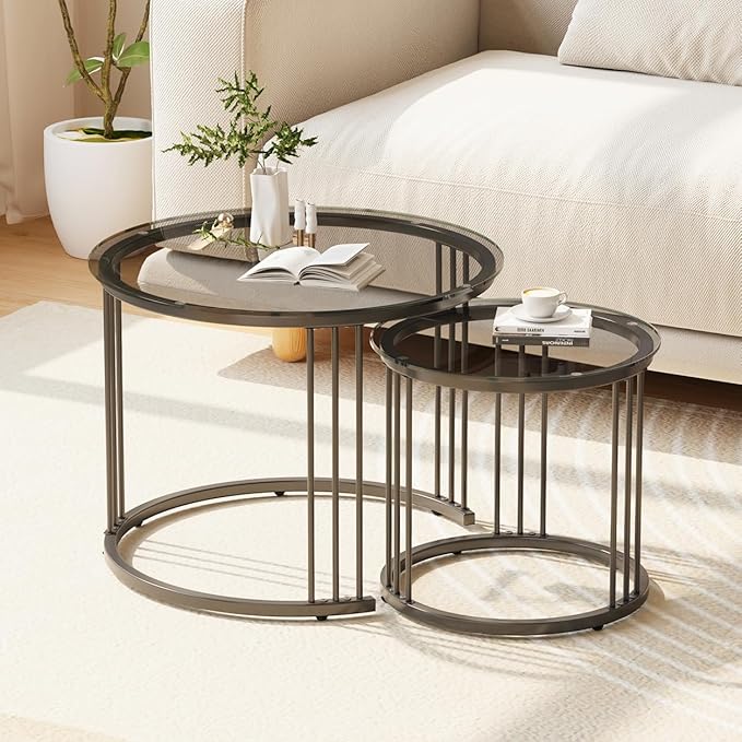 Garden 4 you Nesting Coffee Table, 23.6" Round Coffee Table Set of 2, Glass
