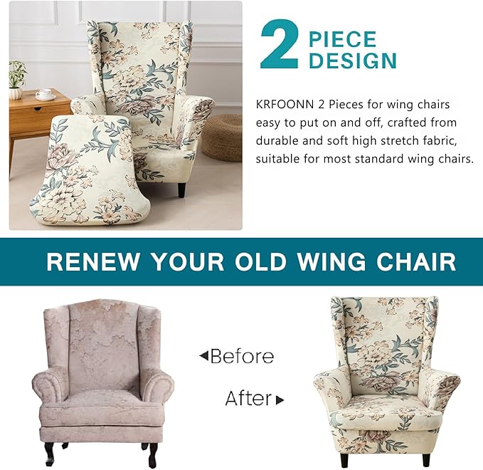 KRFOONN Velvet Wing Chair Slipcovers 2 Piece Stretch Printed Wingback Chair