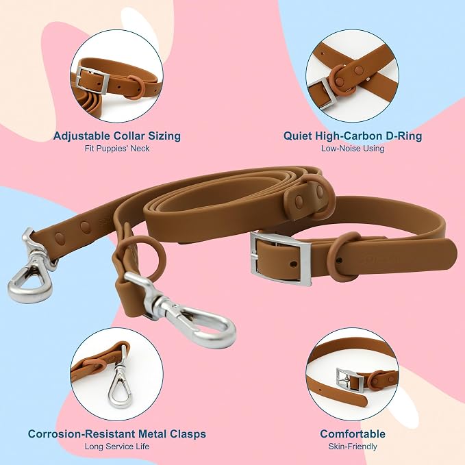 Dog Collar and Leash Set, Durable Waterproof Dog Leashes Collars, 5 Length Setting Adjustable Dog Collars for Large Medium Small Dogs (Brown, L)
