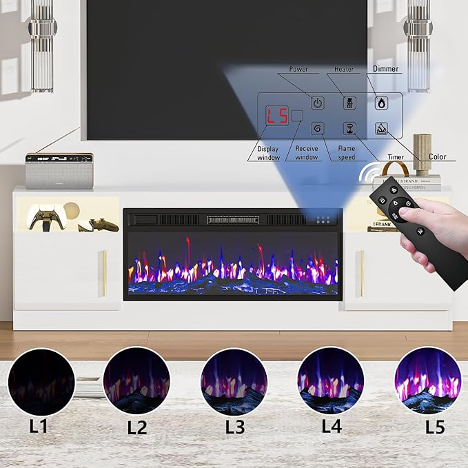 PRETZI Fireplace TV Stand with 36" Fireplace Up to 80" TVs, Remote Control