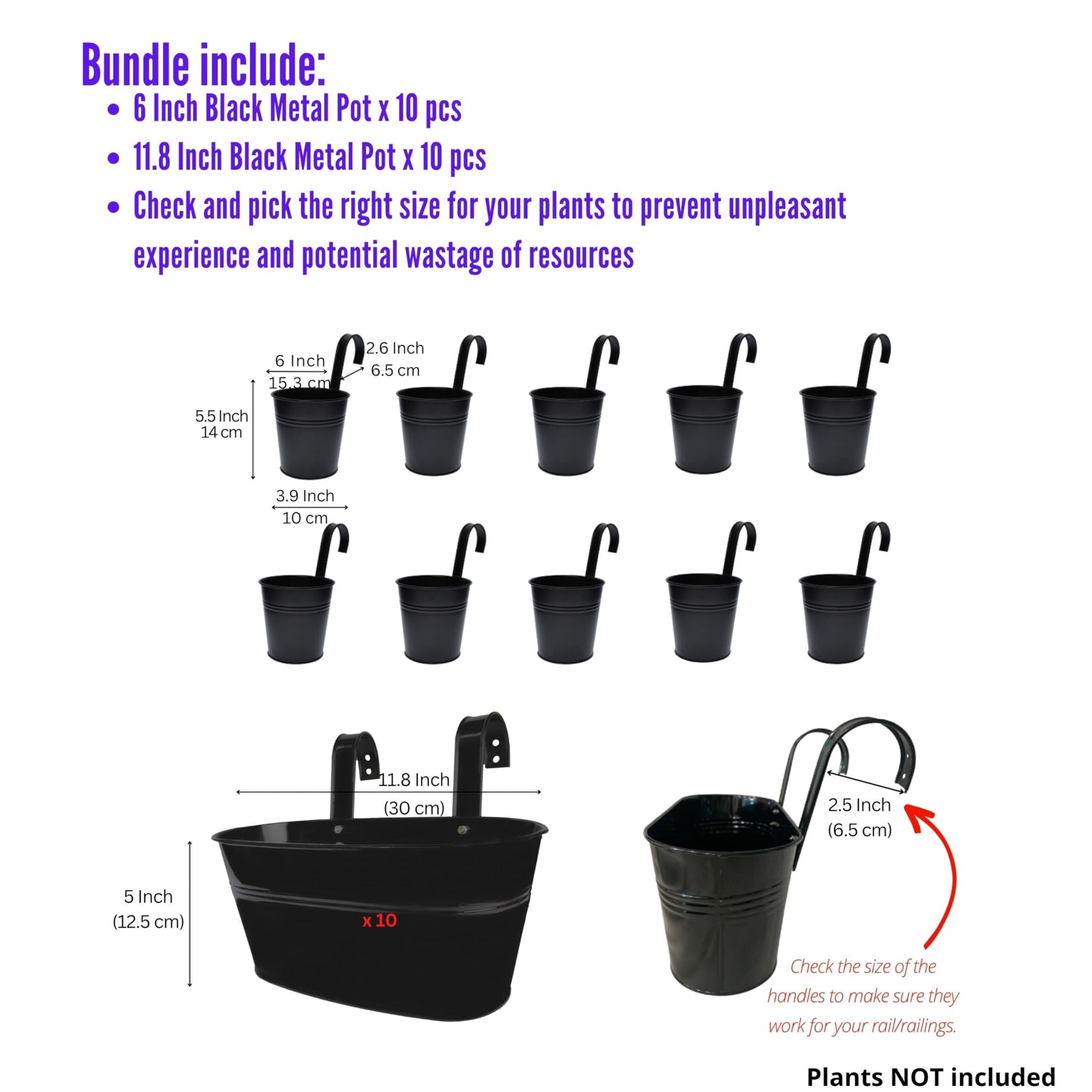 LaLaGreen Bundle- 10 Pack, 6 Inch + 10 Pack, 11.8 Inch Black Metal Pot Wall Mount Window Hanging Plant Box Bucket with Hook Farmhouse Style Outdoor Garden Railings Balcony Deck Porch Patio Boho Decor