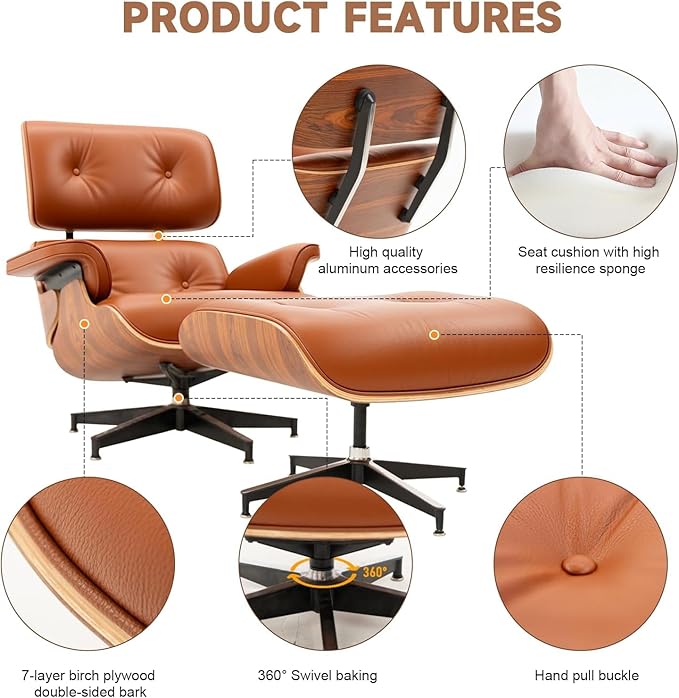 Top Grain Leather, Mid Century Chaise Lounge Chair and Ottoman, Modern Chair