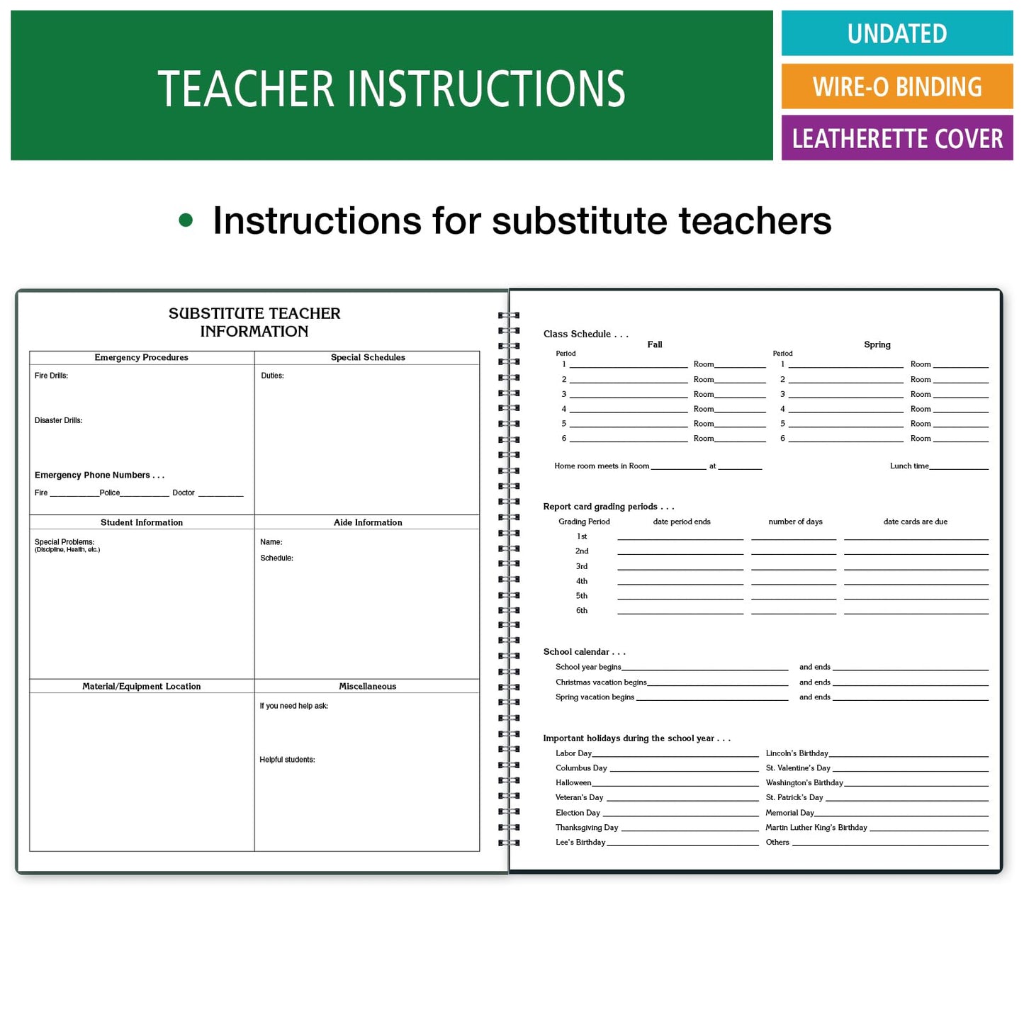 6 Period EXTRA Large Teacher Lesson Plan; Days Horizontally Across the Top (King Plan)