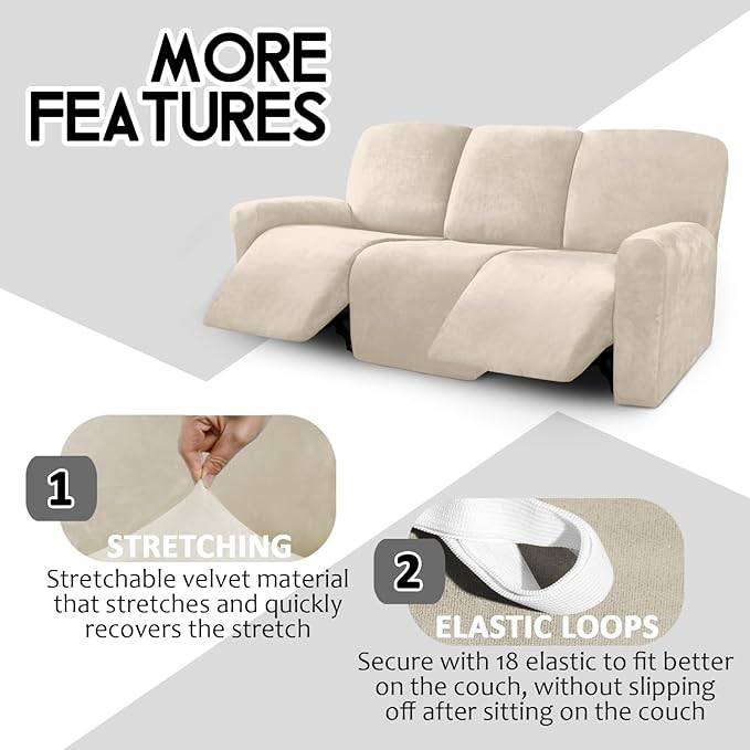 ULTICOR Velvet 8-Pieces Recliner Sofa Covers Stretch Reclining Couch Covers