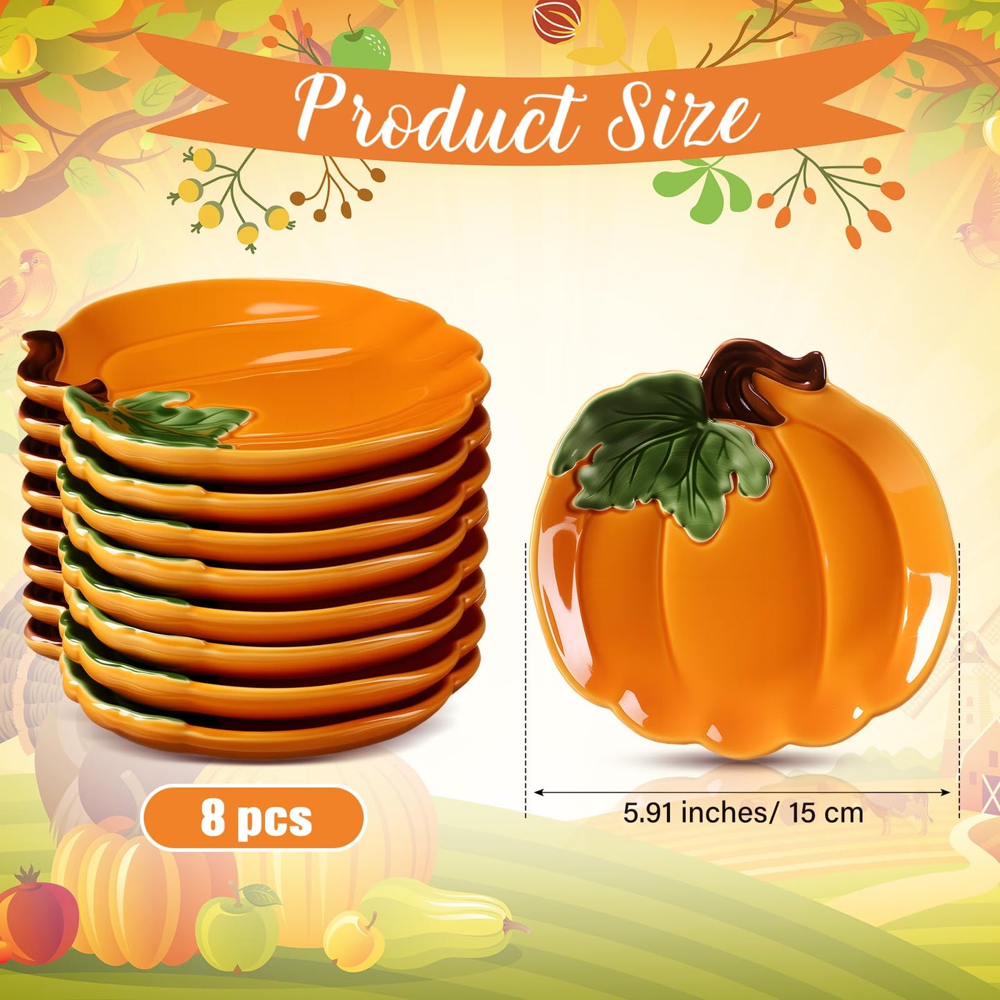 FillTouch 8 Pcs 5.91'' Ceramic Pumpkin Plates Fall Candy Dishes Platters Harvest Serving Bowl for Halloween Autumn Party Supplies Dinnerware(Orange)