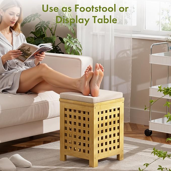 Bamboo End Table with Removable Cushion and Hidden Storage, 2-in-1 Ottoman Side