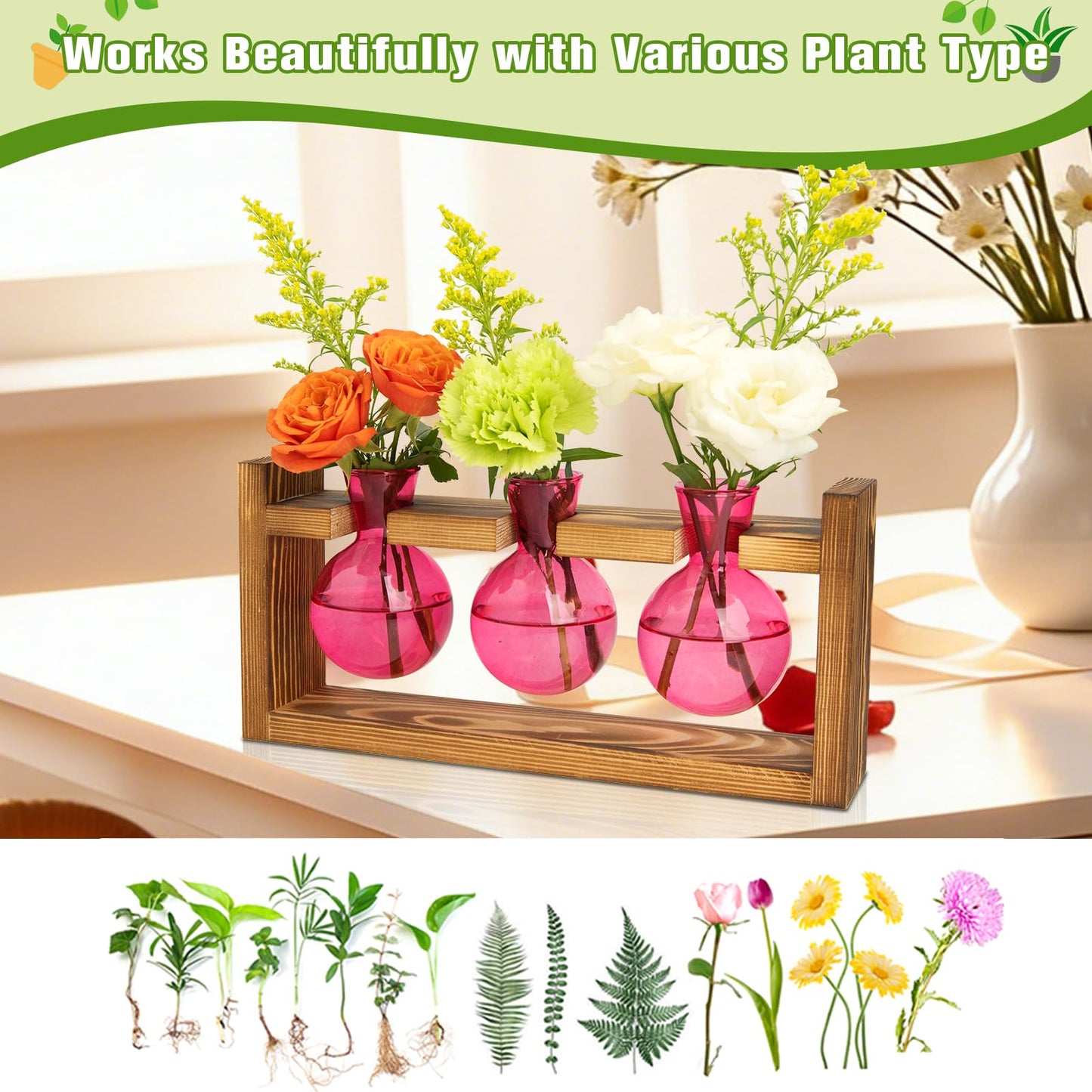 XXXFLOWER Glass Plant Terrarium Propagation Station, Gifts for Mom Plant Lovers Wife Daughter, 3 Bulb Glass Vase Plant Terrarium Tabletop for Hydroponics Home Office Indoor Decor (Pink)