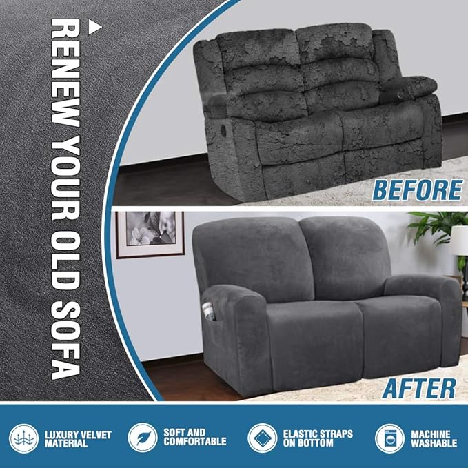 H.VERSAILTEX Velvet Stretch Recliner Couch Covers 6-Pieces Recliner Loveseat