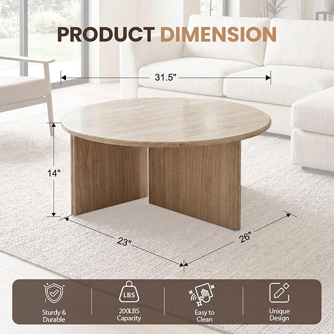 HNY Modern Round Coffee Table Marble Veneer Wood Center Table 31.5" Faux